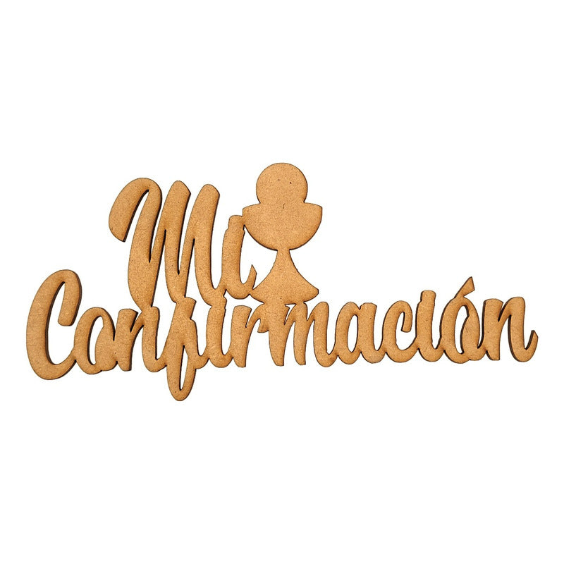 Wooden MDF sign "Mi Confirmacion" with chalice decoration for party decor, 80x40 cm