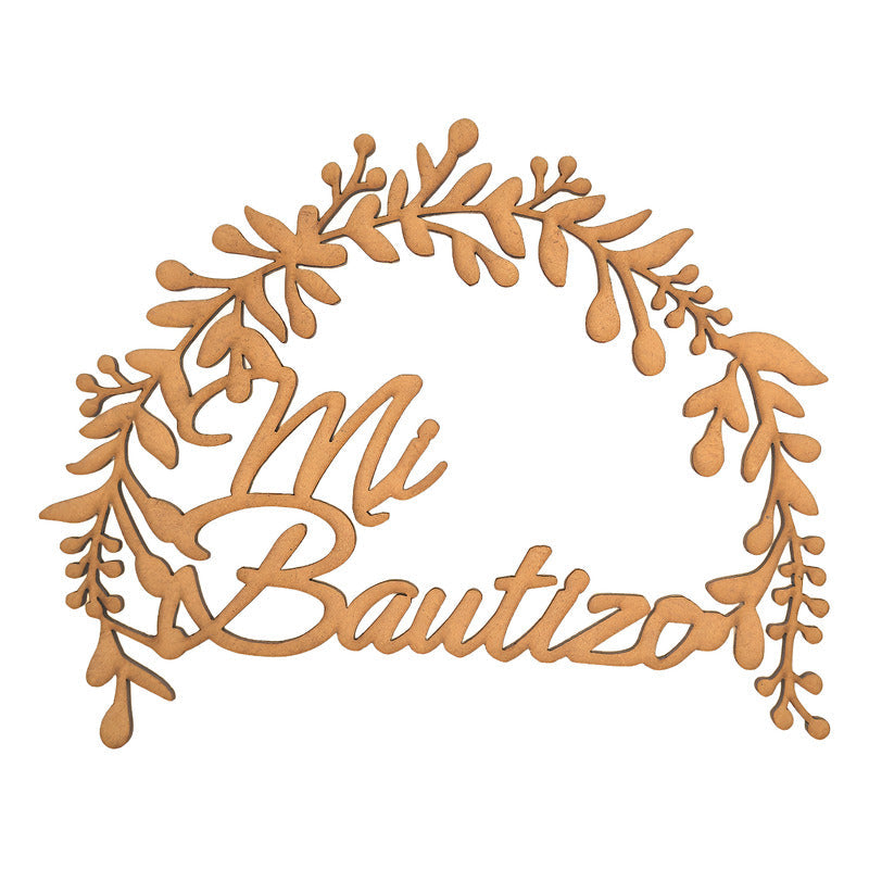 Wooden MDF decorative sign "Mi Bautizo" with floral design for baptism celebration, measuring 80x65 cm
