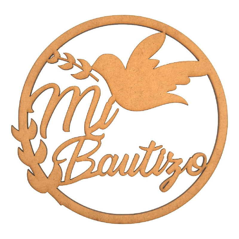 Round 60cm MDF wooden sign with "Mi Bautizo" text and dove decoration for baptism party decor