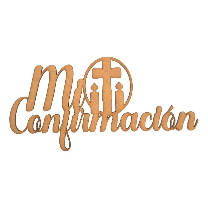 Wooden MDF "Mi Confirmacion" sign with cross and candles decoration for party celebration